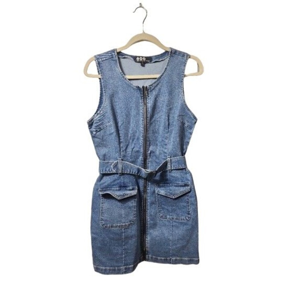 REWASH Recycled Zip Front Sz S StretchDenim Jean Dress Buckle Belt Patch Pockets
